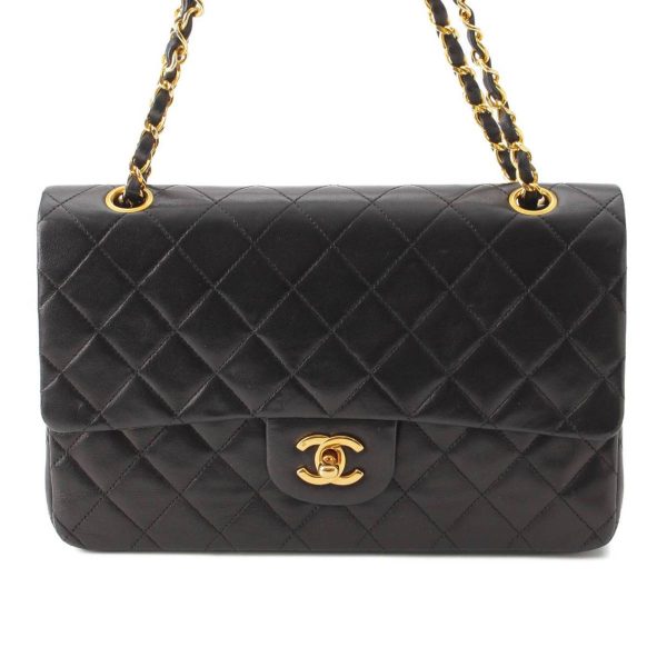 re cha sh w 00219 Chanel Matelasse 25 Lambskin Double W Flap Chain Shoulder Bag Black