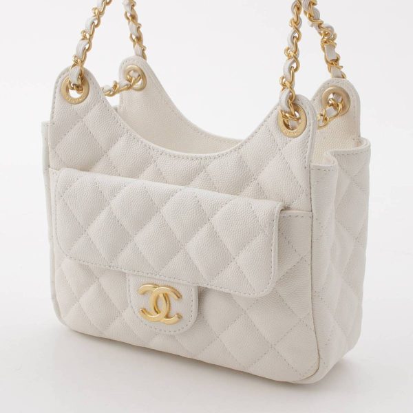 re cha sh w 00223 1 Chanel Matelasse Small Caviar Skin Hobo Shoulder Bag AS3710 White