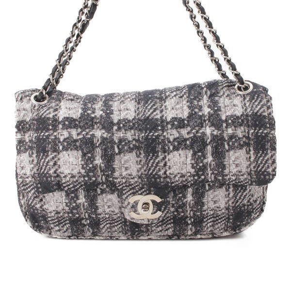 re cha sh w 00226 Chanel Nylon Tweed Print Chain Shoulder Bag with Pouch Black White