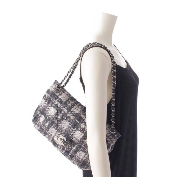 re cha sh w 00226 9 Chanel Nylon Tweed Print Chain Shoulder Bag with Pouch Black White