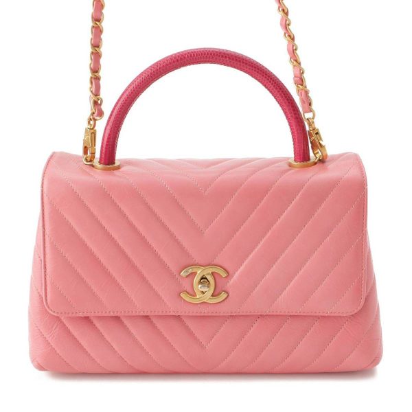 re cha sh w 00245 Chanel Coco Handle 29 Lizard Lambskin V Stitch 2way Handbag Pink