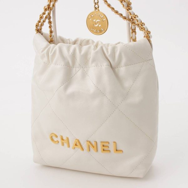 re cha sh w 00250 1 Chanel 22 Leather Mini Chain Shoulder Handbag AS3980 White