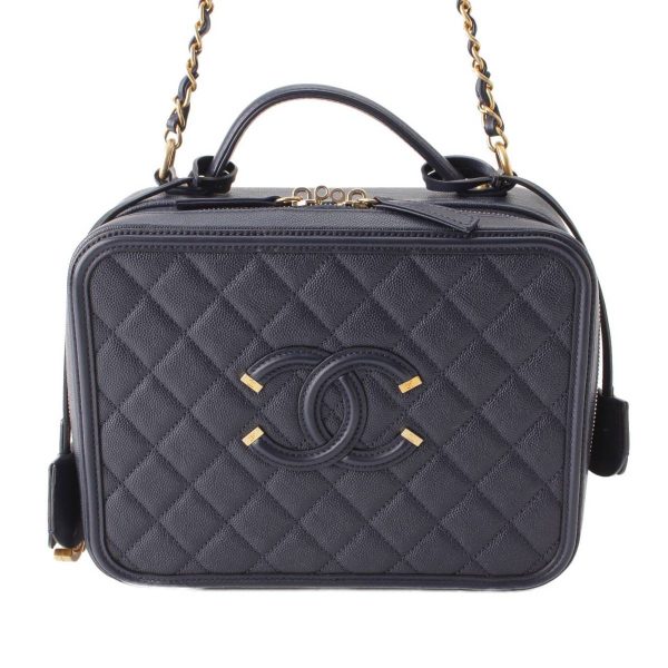 re cha sh w 00267 Chanel CC Filigree Caviar Skin Gold Hardware Vanity Shoulder Bag Navy