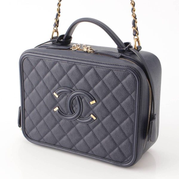 re cha sh w 00267 1 Chanel CC Filigree Caviar Skin Gold Hardware Vanity Shoulder Bag Navy