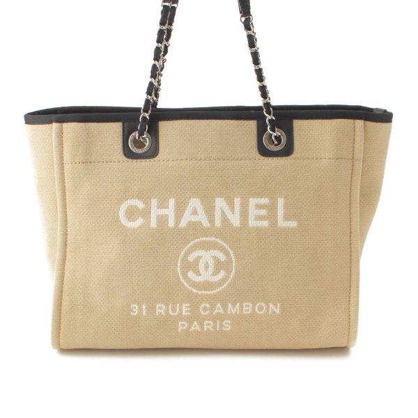 re cha to w 00114 Chanel Cocomark Deauville MM Canvas Chain Tote Bag Beige