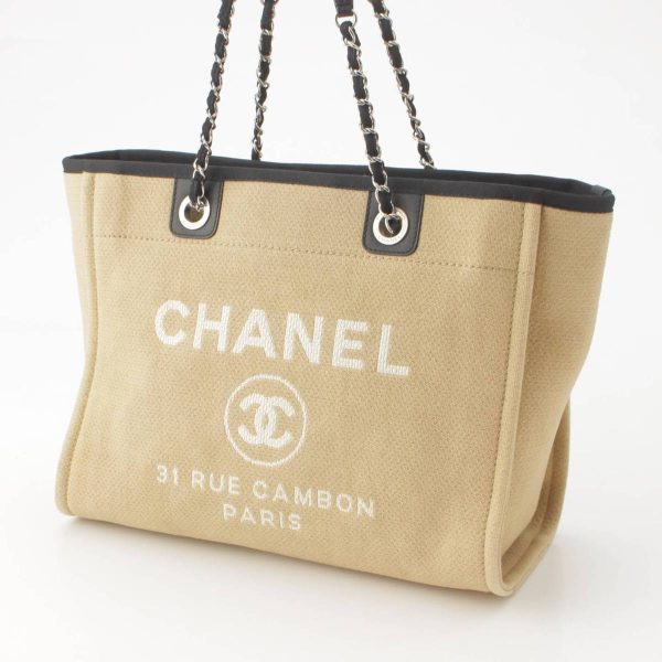 re cha to w 00114 1 Chanel Cocomark Deauville MM Canvas Chain Tote Bag Beige