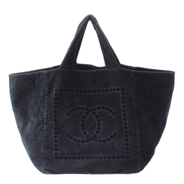 re cha to w 00120 Chanel Sports Line Coco Mark Pile Cotton Tote Bag Beach Bag Navy