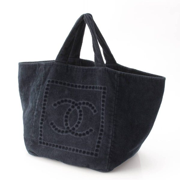 re cha to w 00120 1 Chanel Sports Line Coco Mark Pile Cotton Tote Bag Beach Bag Navy