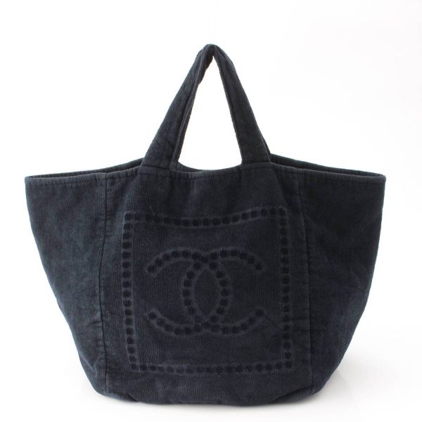 re cha to w 00120 3 Chanel Sports Line Coco Mark Pile Cotton Tote Bag Beach Bag Navy