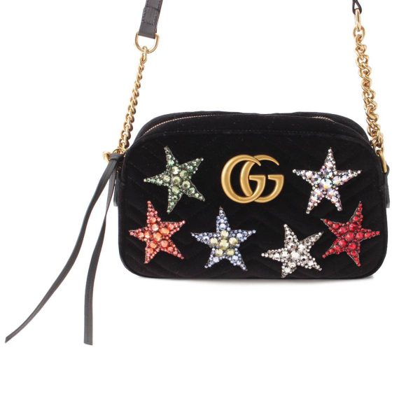 re guc sh w 00231 Gucci GG Marmont Star Velor Chain Shoulder Bag Black