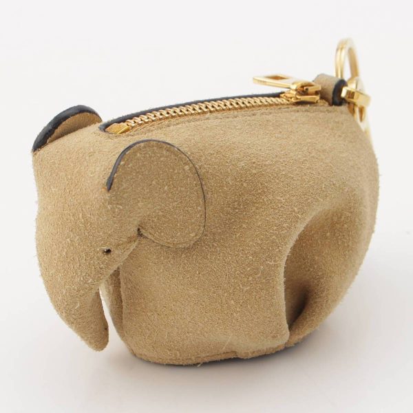 re loe co w 00022 1 Loewe Elephant Suede Bag Charm Elephant Animal Coin Case Beige