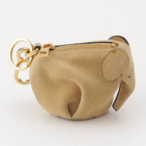 re loe co w 00022 4 Loewe Elephant Suede Bag Charm Elephant Animal Coin Case Beige