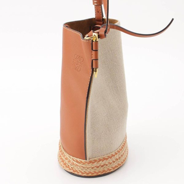 re loe sh w 00245 2 Loewe Anagram Gate Canvas x Leather Bucket Shoulder Bag Brown