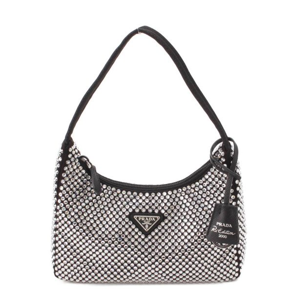 re pra ha w 00209 Prada Crystal Triangle Logo Satin Mini Hobo Handbag Black