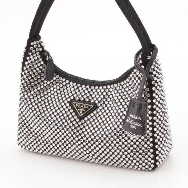 re pra ha w 00209 1 Prada Crystal Triangle Logo Satin Mini Hobo Handbag Black