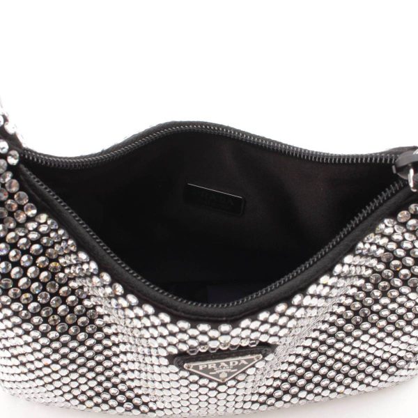 re pra ha w 00209 5 Prada Crystal Triangle Logo Satin Mini Hobo Handbag Black