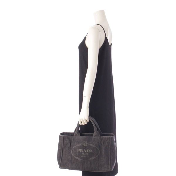 re pra ha w 00216 9 Prada Logo Canapa Cotton Denim Tote Handbag Black