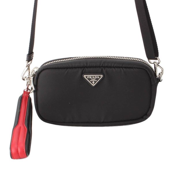 re pra po w 00028 Prada Logo Triangle Leather Strap Nylon Shoulder Bag Black