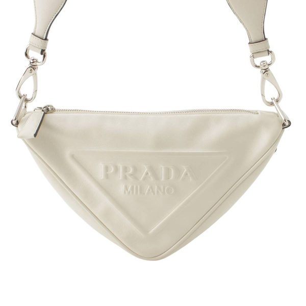 re pra sh w 00191 Prada Logo Embossed Triangle Leather Shoulder Bag White