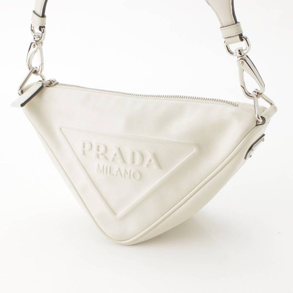 re pra sh w 00191 1 Prada Logo Embossed Triangle Leather Shoulder Bag White