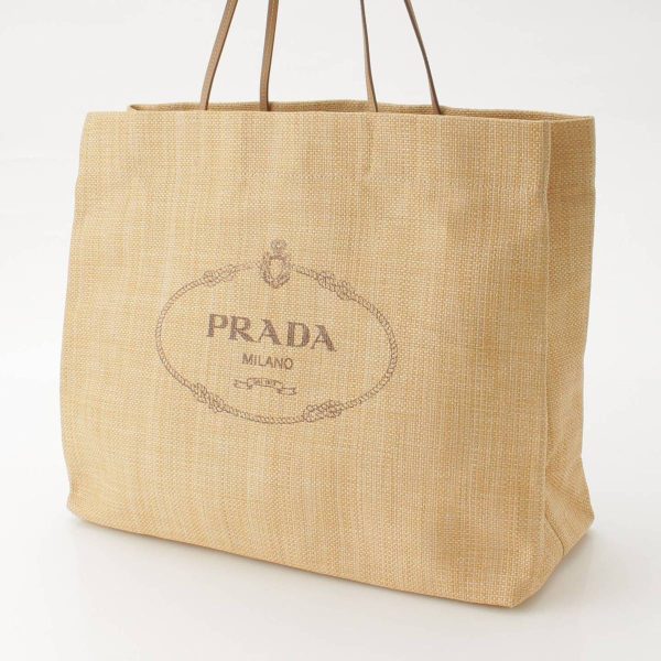 re pra to w 00196 1 Prada Raffia Shopper Bag Resort Limited Logo Print Beige