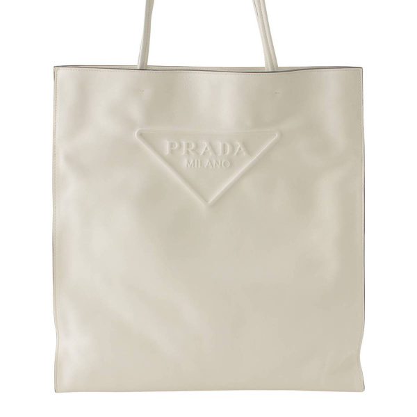 re pra to w 00197 Prada Triangle Leather Embossed Tote Bag White