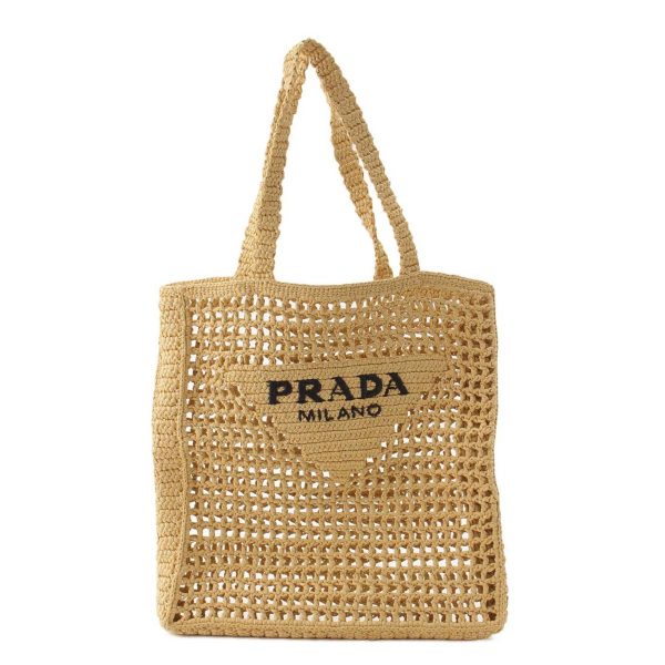 re pra to w 00212 Prada Crochet Triangle Logo Raffia Tote Bag 1BG393 Beige