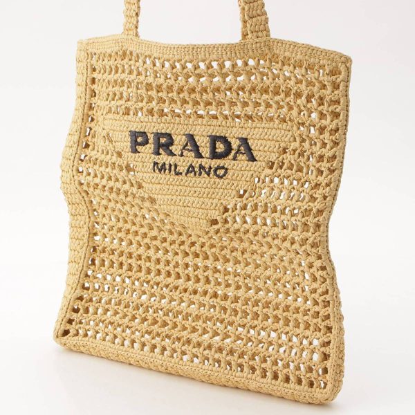 re pra to w 00212 1 Prada Crochet Triangle Logo Raffia Tote Bag 1BG393 Beige