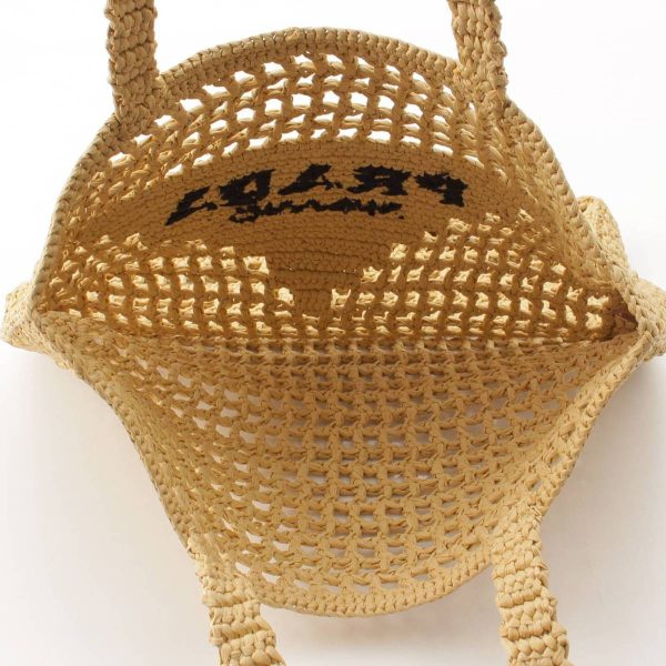 re pra to w 00212 5 Prada Crochet Triangle Logo Raffia Tote Bag 1BG393 Beige