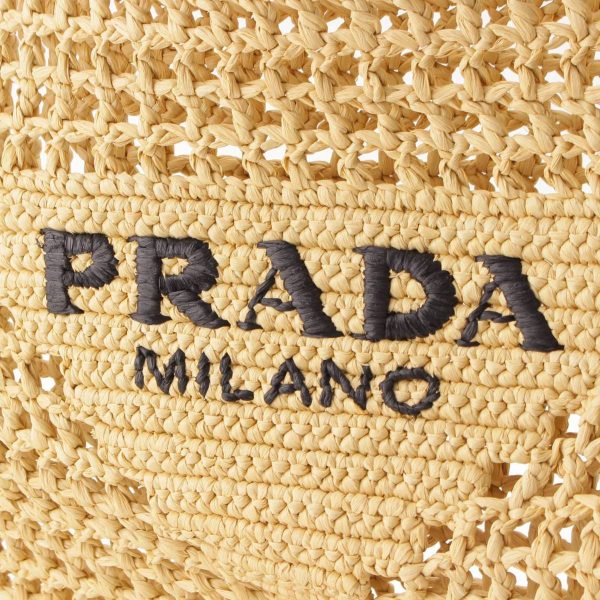 re pra to w 00212 6 Prada Crochet Triangle Logo Raffia Tote Bag 1BG393 Beige