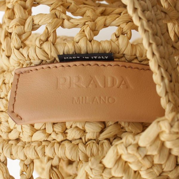 re pra to w 00212 7 Prada Crochet Triangle Logo Raffia Tote Bag 1BG393 Beige