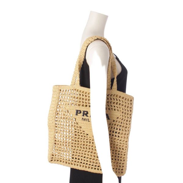 re pra to w 00212 9 Prada Crochet Triangle Logo Raffia Tote Bag 1BG393 Beige