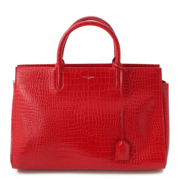 re sat ha w 00057 SAINT LAURENT Cava Rive Gauche Croco Embossed Handbag Red