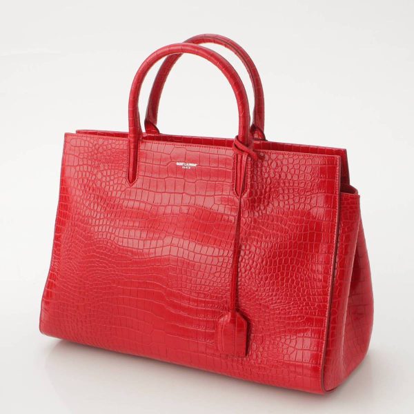 re sat ha w 00057 1 SAINT LAURENT Cava Rive Gauche Croco Embossed Handbag Red