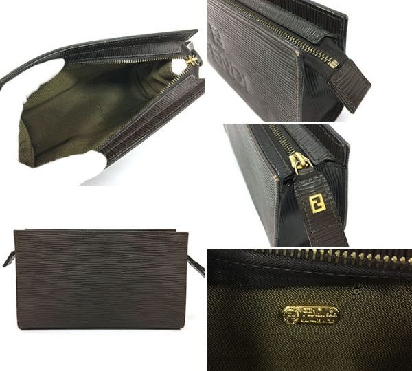 rm3302 03 Fendi Clutch Bag Embossed Leather Brown