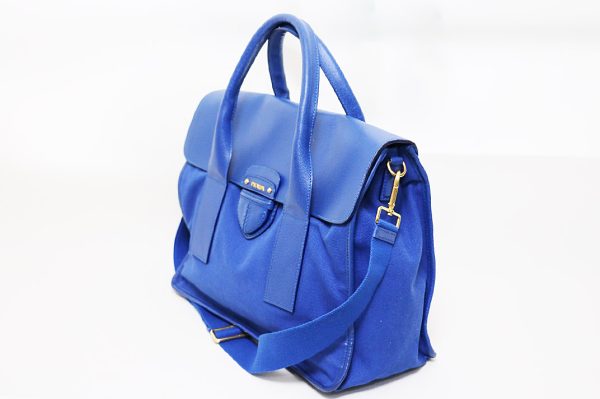 t004 3 Prada Canvas Leather 2Way Handbag Blue