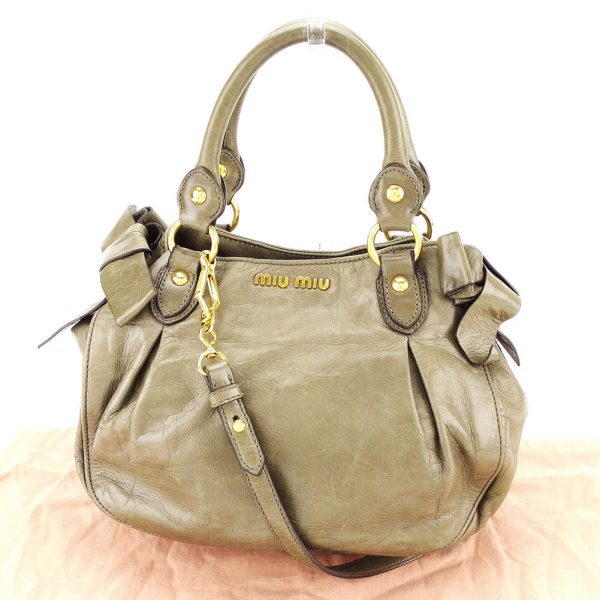 t3387 Miu Miu Shoulder Bag Outlet Brown Leather Ribbon Motif