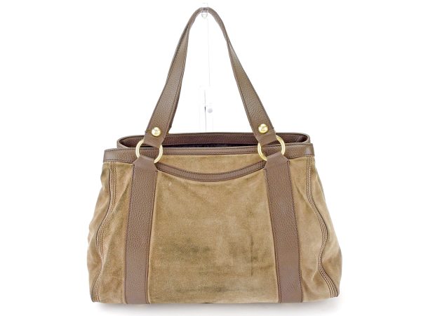 t4423 1 Celine Macadam Button Tote Shoulder Bag Brown Gold Suede Leather