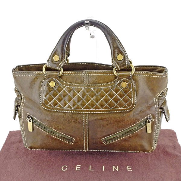 t4490 Celine Boogie Tote Handbag Khaki Gold Leather