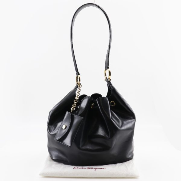 w182523288 17 1 Salvatore Ferragamo Shoulder Bag Gancini Leather Black Drawstring