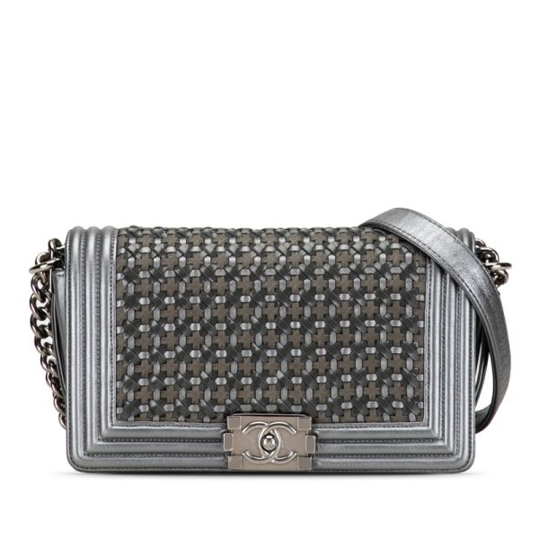 xrsikv3uecq9mug4 1 Chanel Boy Chanel 25 Braided Chain Shoulder Bag Khaki Silver Leather Suede