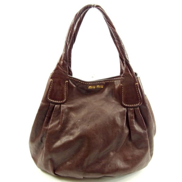 y5576 Miu Miu Tote Bag Back One Shoulder Brown Leather