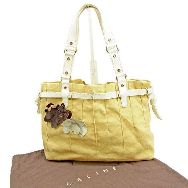 y7239 Celine Flower Motif Canvas Tote Bag BeigeWhiteGold