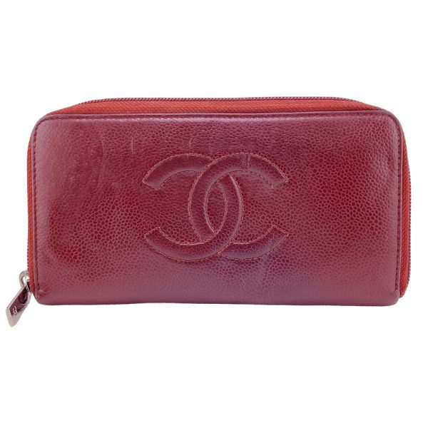 z0005041 2 CHANEL Round Zipper Coco Mark Long Wallet Wine Red