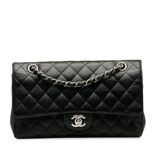 zf1j34bdicn2j2ii 1 CHANEL Matelasse 25 Coco Mark Double Flap Silver Hardware Chain Shoulder Bag Black Caviar Skin