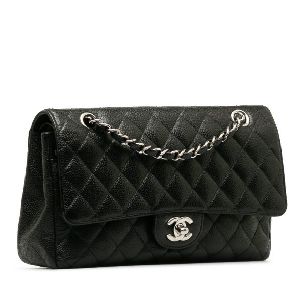 zf1j34bdicn2j2ii 2 CHANEL Matelasse 25 Coco Mark Double Flap Silver Hardware Chain Shoulder Bag Black Caviar Skin