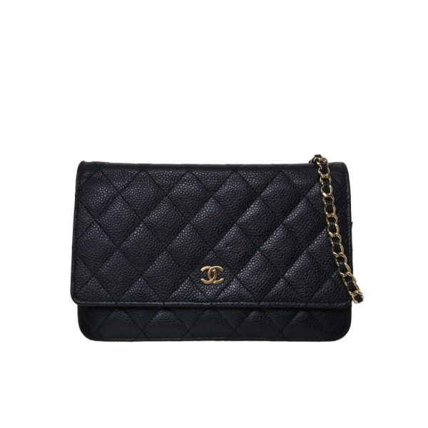 1000062317 01 CHANEL 17 Matelasse Caviar Skin Chain Wallet Black