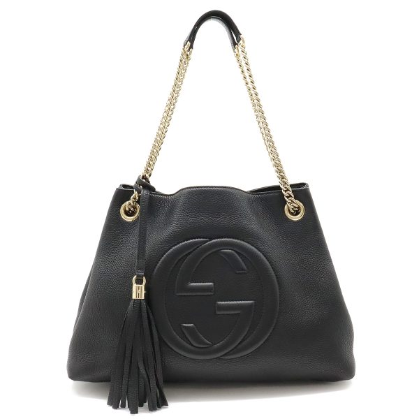 12430692 1 GUCCI Soho Interlocking G Fringe Tote Chain Shoulder Bag Black