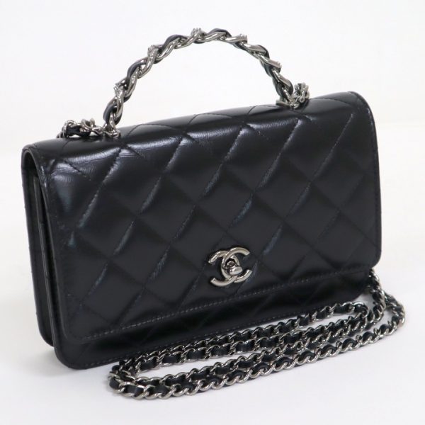 2000111255900060 1 CHANEL Chain Wallet Shiny Crumple Calfskin Black