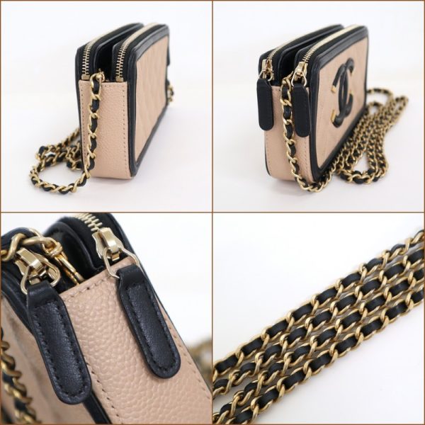 2000111256100113 4 CHANEL CC Filigree Chain Wallet Caviar Skin Beige Black A84450